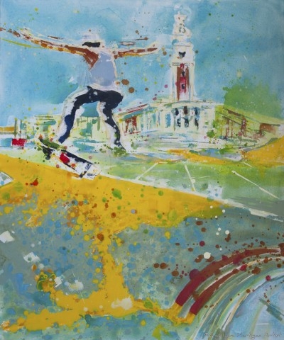 Brixton London Street Scene Print – Skateboarder with Brixton Town Hall  (Giclée Print – Small)