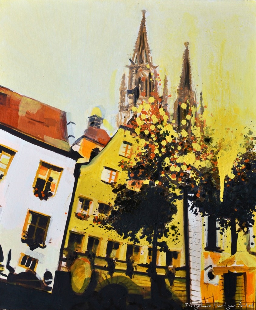 St Peter’s Cathedral Regensburg – View Beyond Yellow House (Giclée Print – Small)