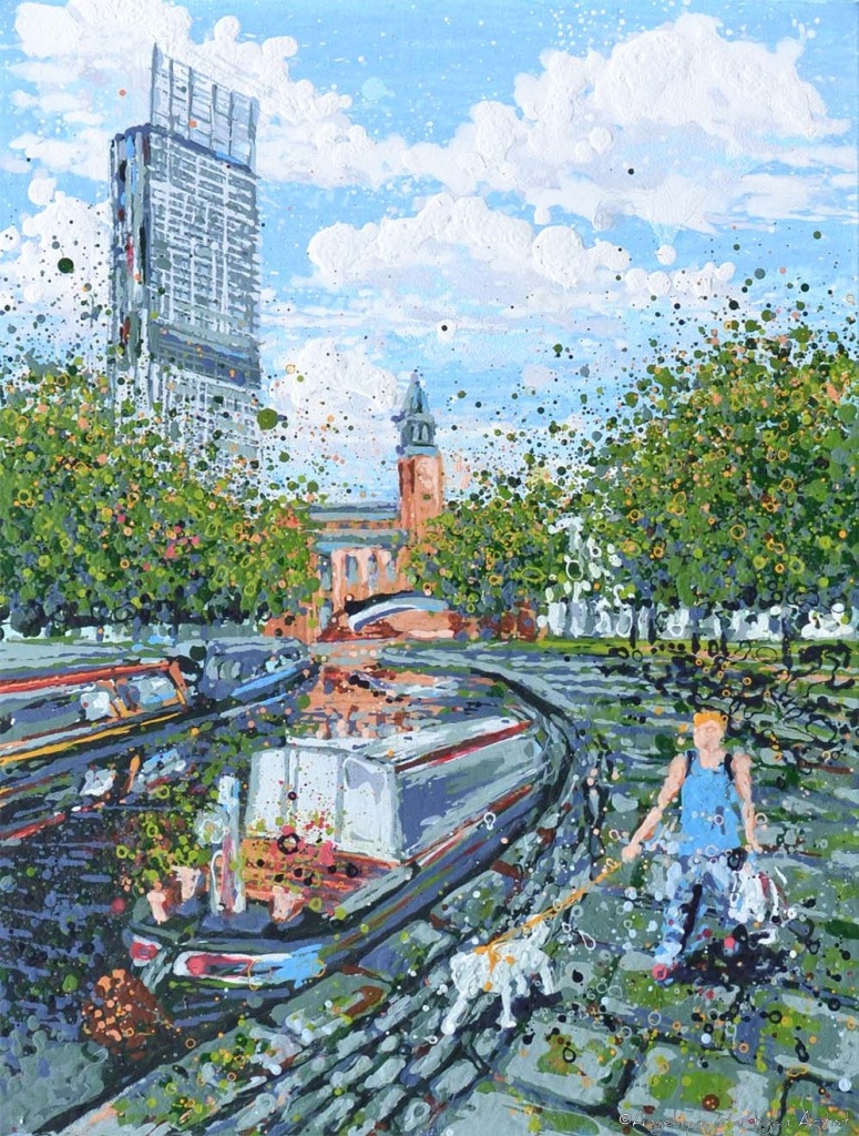 Castlefield Manchester Canal Print – Man Walking Dog with Barges, Summer Scene (Limited Edition Giclée Print – Large)